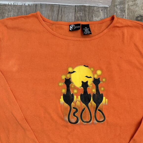 Halloween T-Shirt 2X Orange and Black Cats Moon Vintage Long Sleeve Spooky - Picture 7 of 7